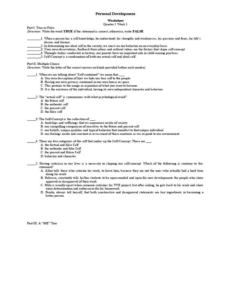 Personal Development Worksheet for Grade 11 | PDF | Self | Self Concept