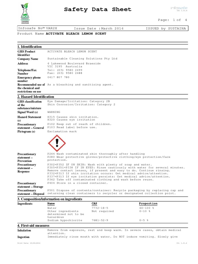 SDS Active Bleach Lemon Scent PDF Chlorine Water