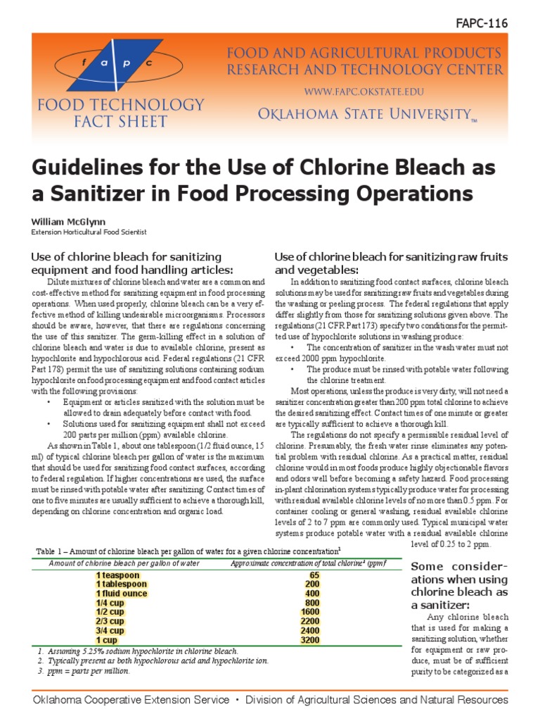 Guidelines For The Use of Chlorine Bleach As A Sanitizer in Food