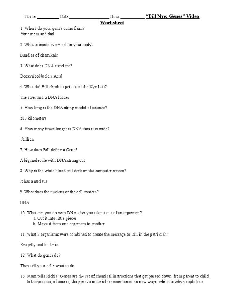 Bill Nye Genes Worksheet  PDF  Gene  Dna Pertaining To Bill Nye Genes Worksheet