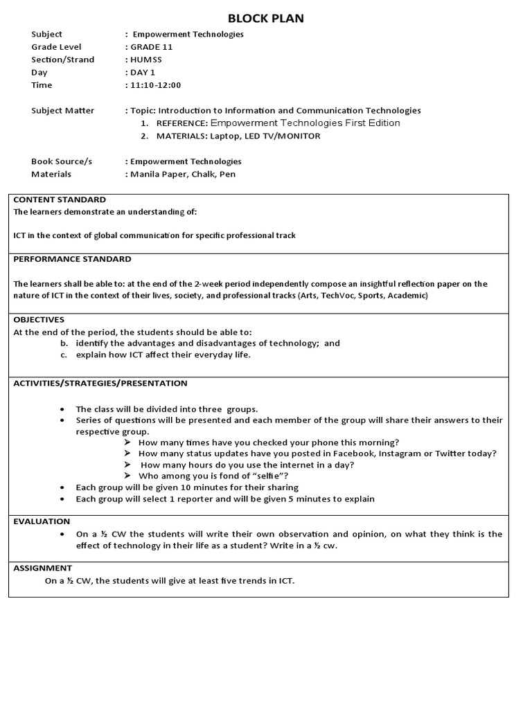 Grade 11 Empowerment Tech Block Plan | PDF