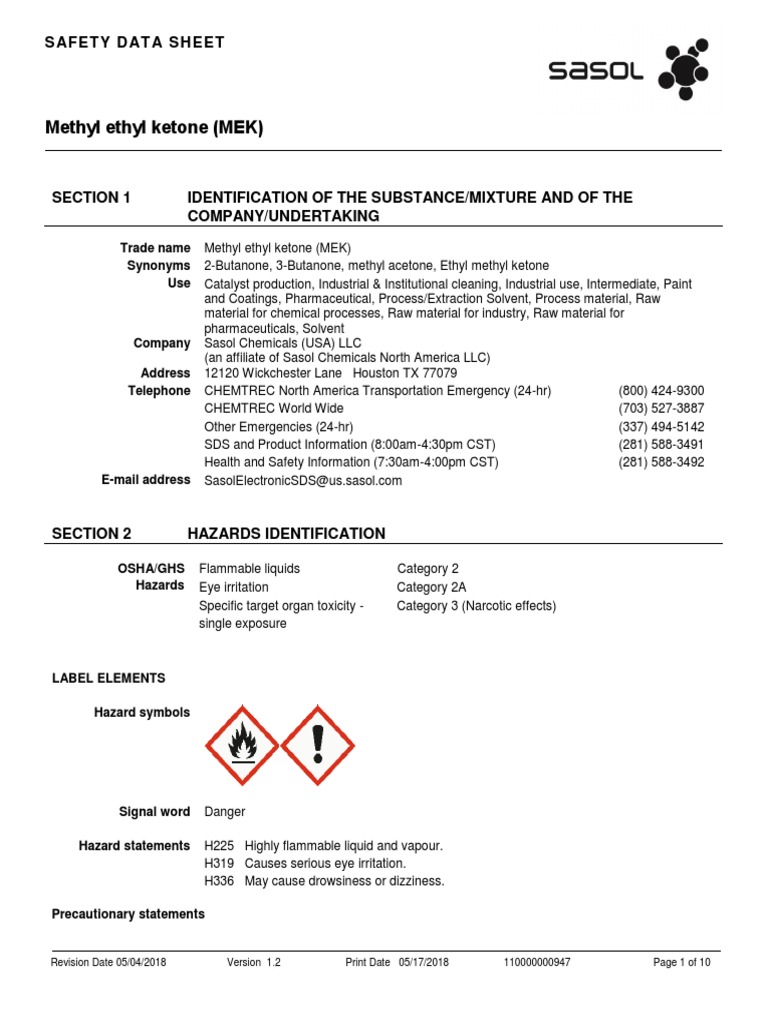 MEK Safety Data Sheet and Hazards | PDF | Toxicity | Safety