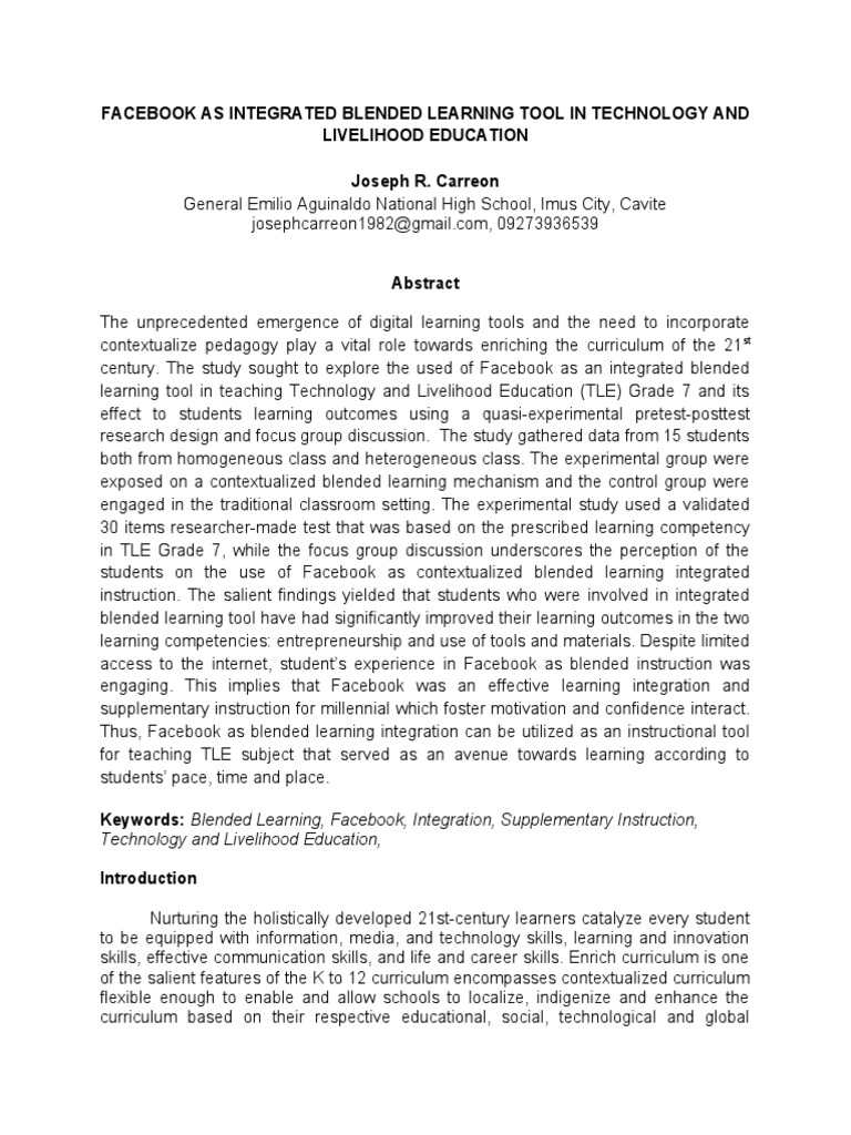 Facebook in Blended Learning for TLE | PDF | Educational Technology | P ...