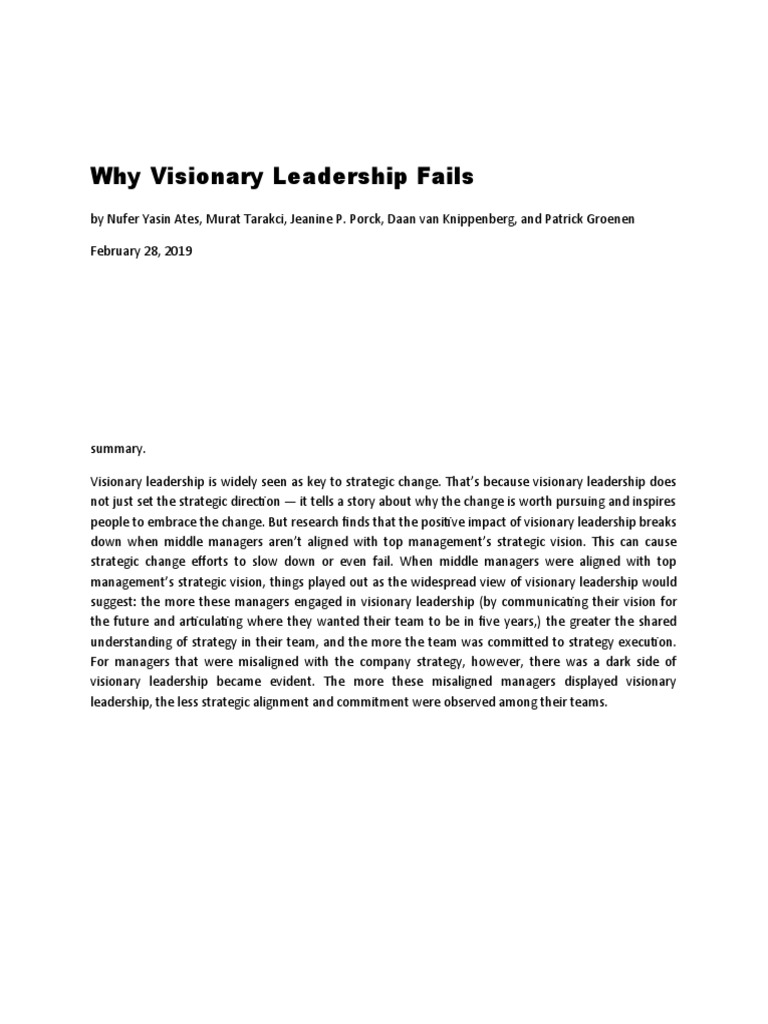 Why Visionary Leadership Fails | PDF | Strategic Planning | Leadership