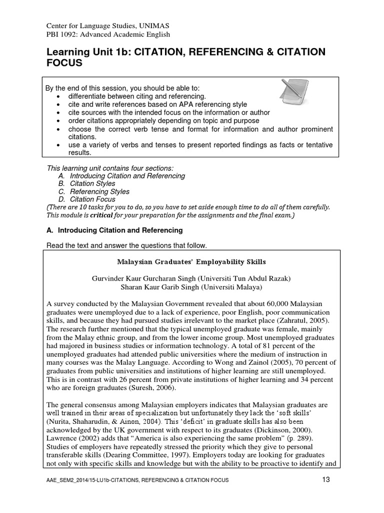 Unit 1b Citation Referencing C Focus | PDF | Citation | Apa Style