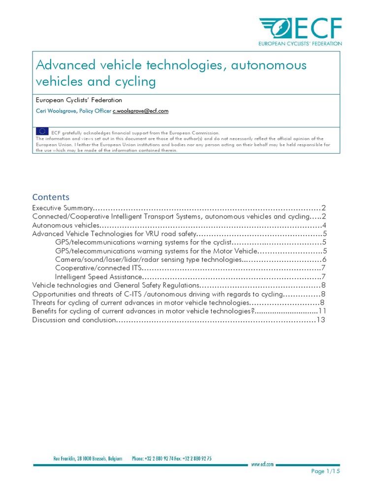 Advanced Vehicle Technologies, Autonomous Vehicles and Cycling | PDF ...