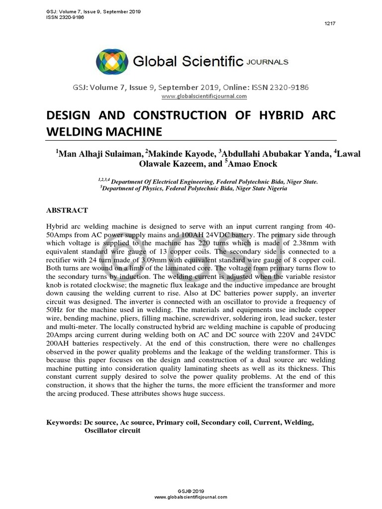Design and Construction of Hybrid Arc Welding Machine | PDF | Power ...