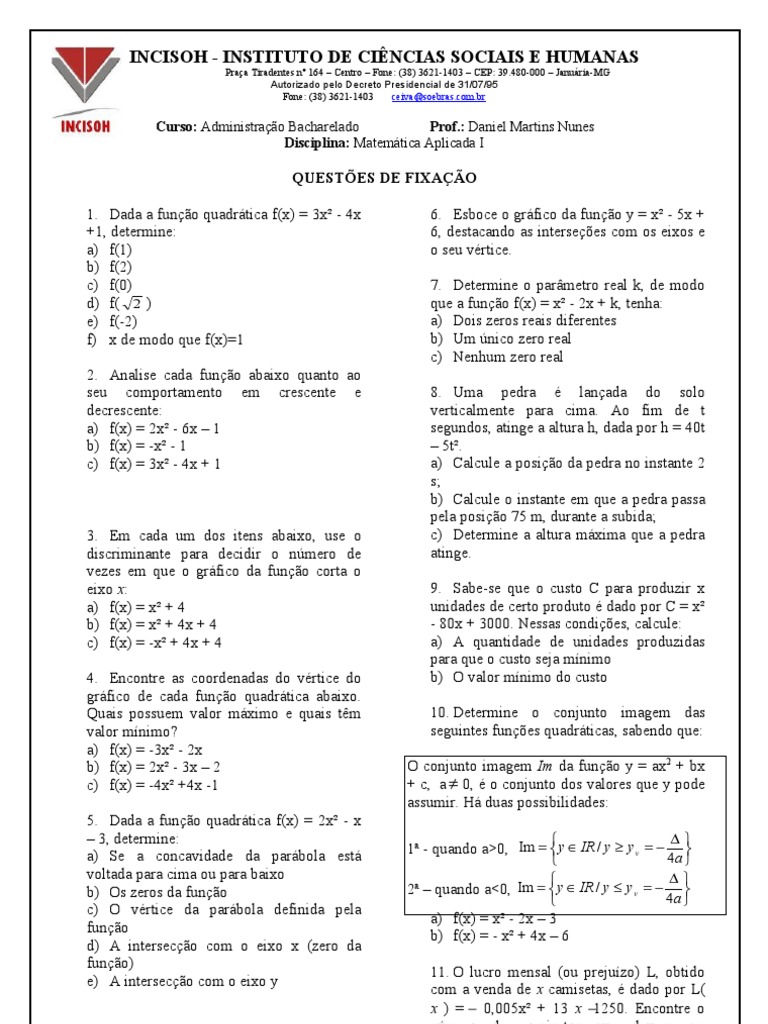 Exercícios sobre Função Quadrática | PDF | Objetos matemáticos | Ensino ...