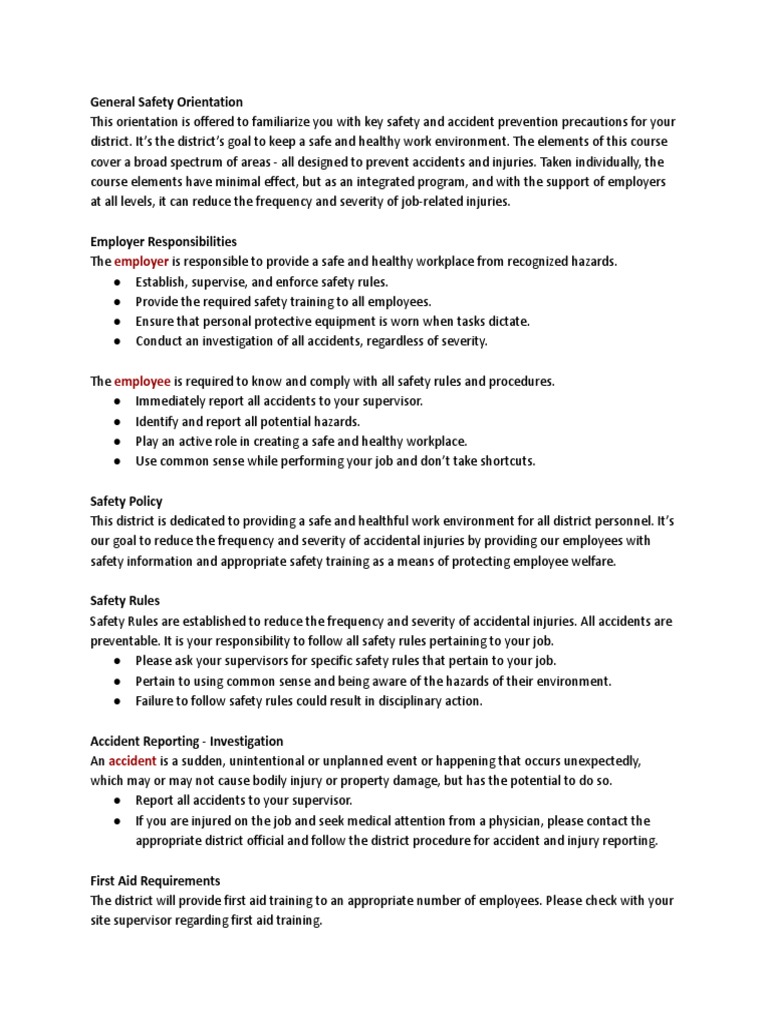 District Safety Orientation Guide | PDF | Occupational Safety And ...