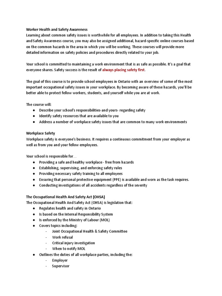 Worker Health and Safety Awareness PDF Occupational Safety And