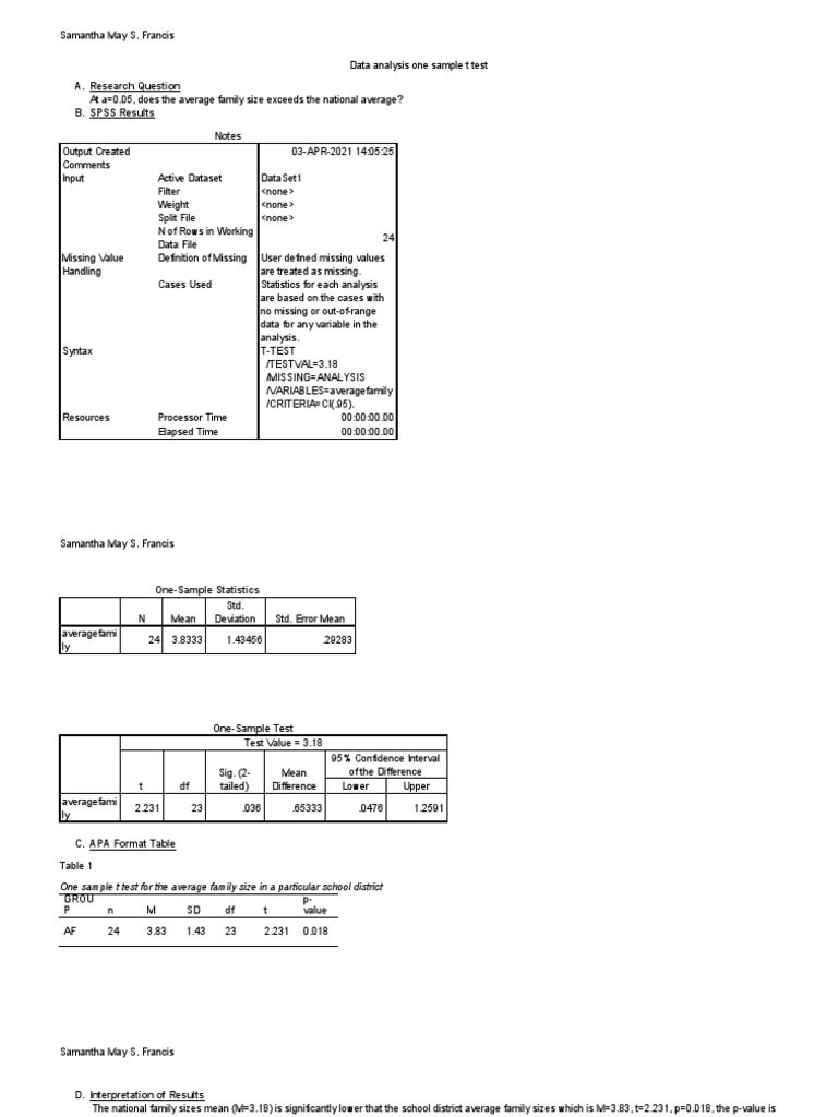 Statistical Analysis of Family Size and Enrollment | PDF | Student's T ...