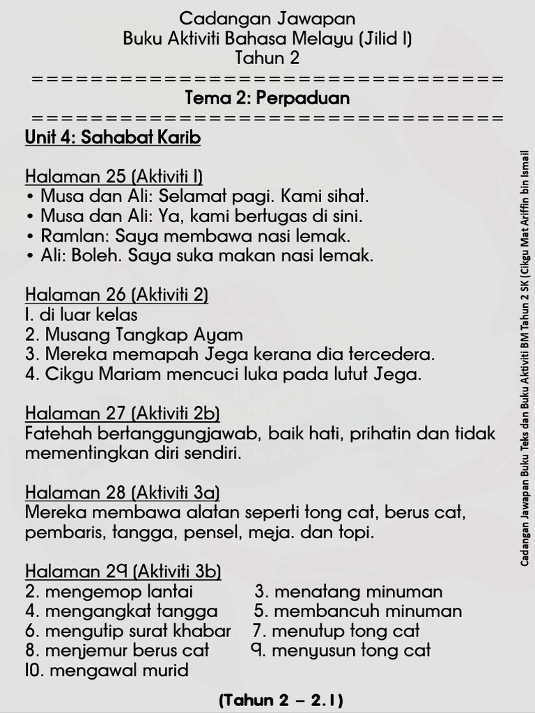 Cadangan Jawapan Buku Aktiviti Tahun 2 Tema 2 Pdf