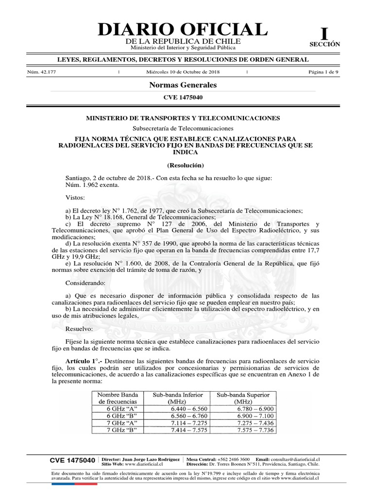 Frecuencias Aprobadas Por SUBTEL | PDF | Chile | Gobierno
