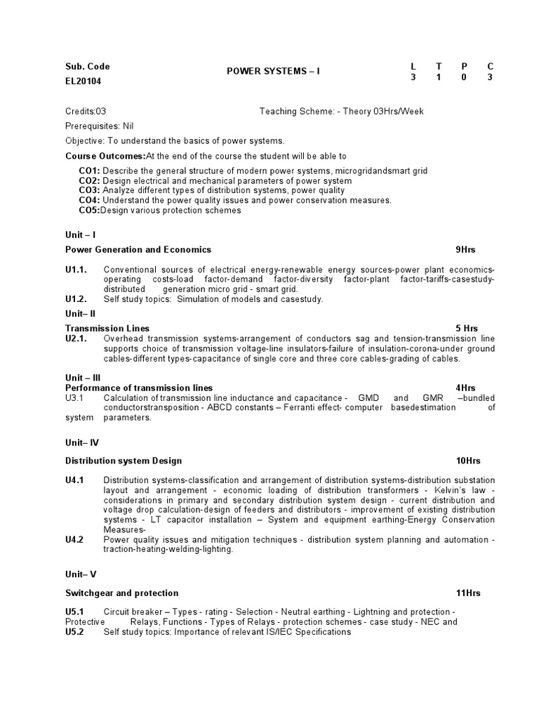 Power Systems I Syllabus Overview | PDF | Electric Power Distribution ...