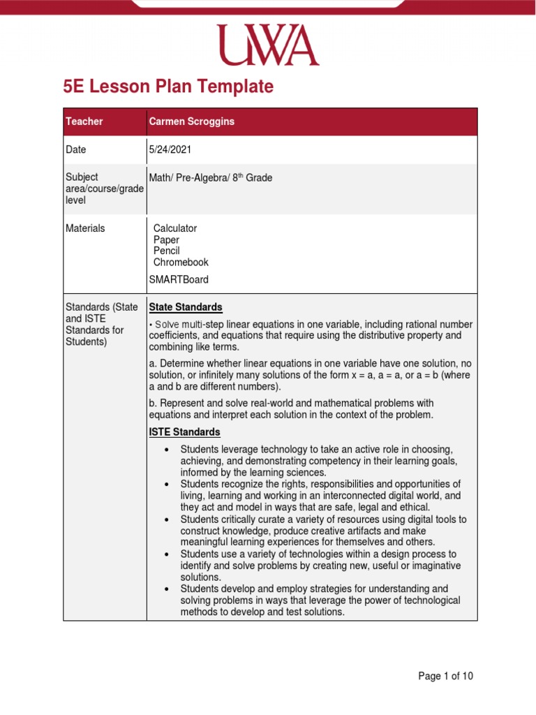 8th Grade Multi-Step Equations Lesson Plan | PDF | Equations | Lesson Plan