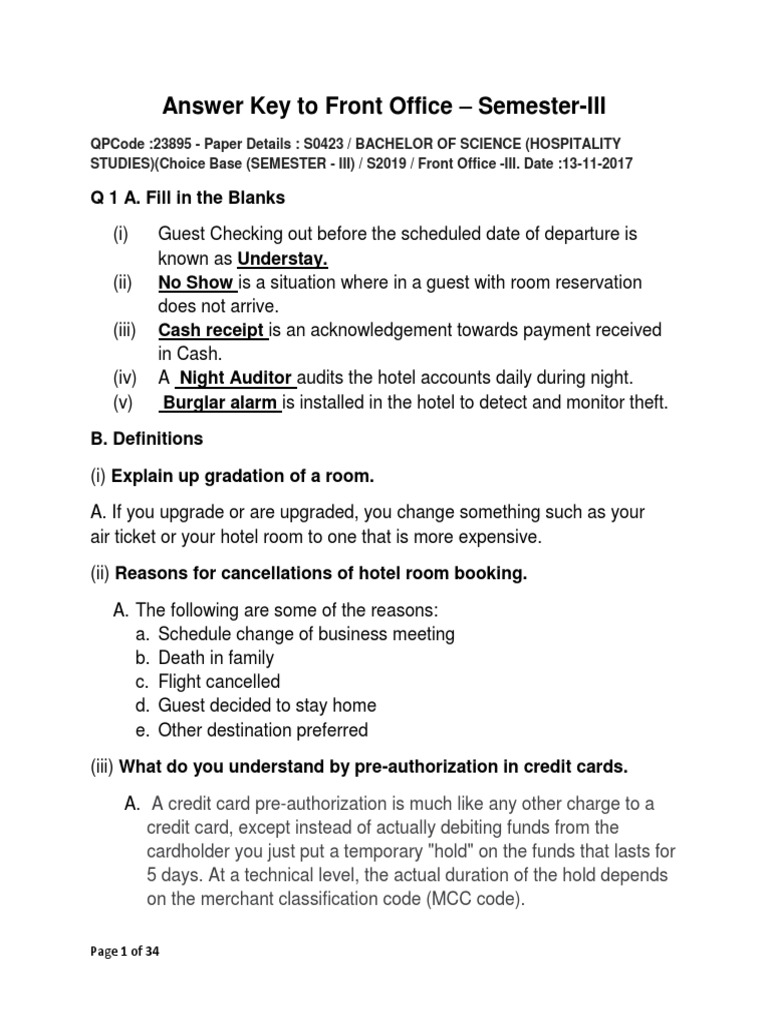 Answer Key To Front Office Sem III 23895 | PDF | Fire Sprinkler System ...