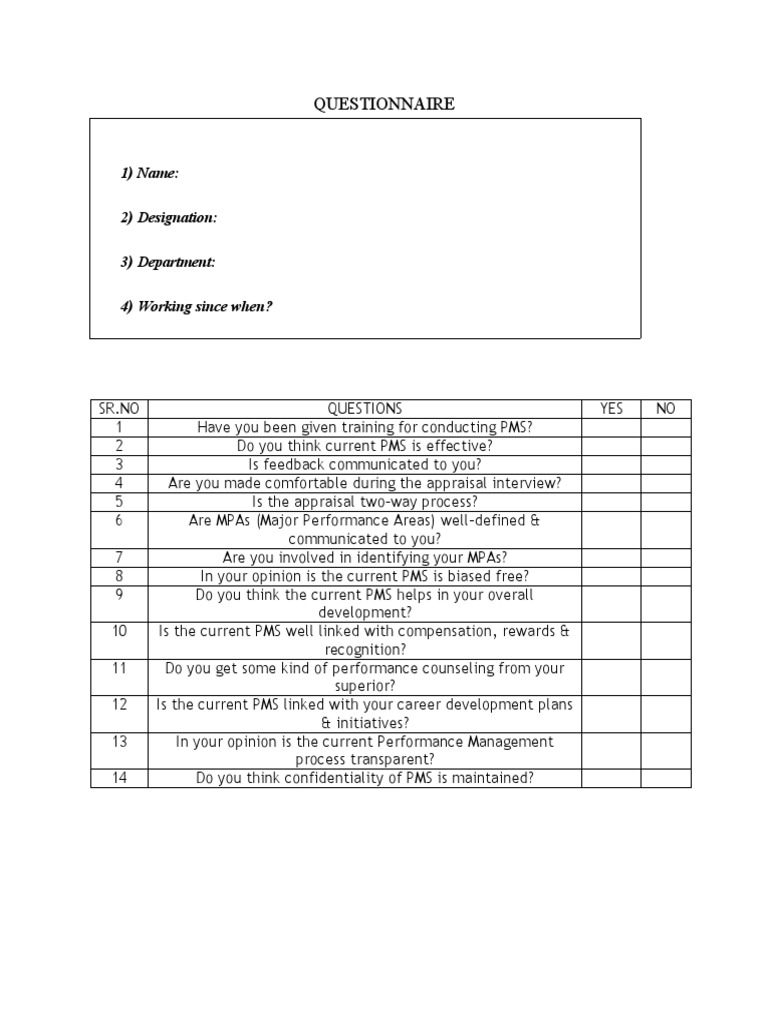Performance Management System Questionnaire | PDF | Business | Self ...