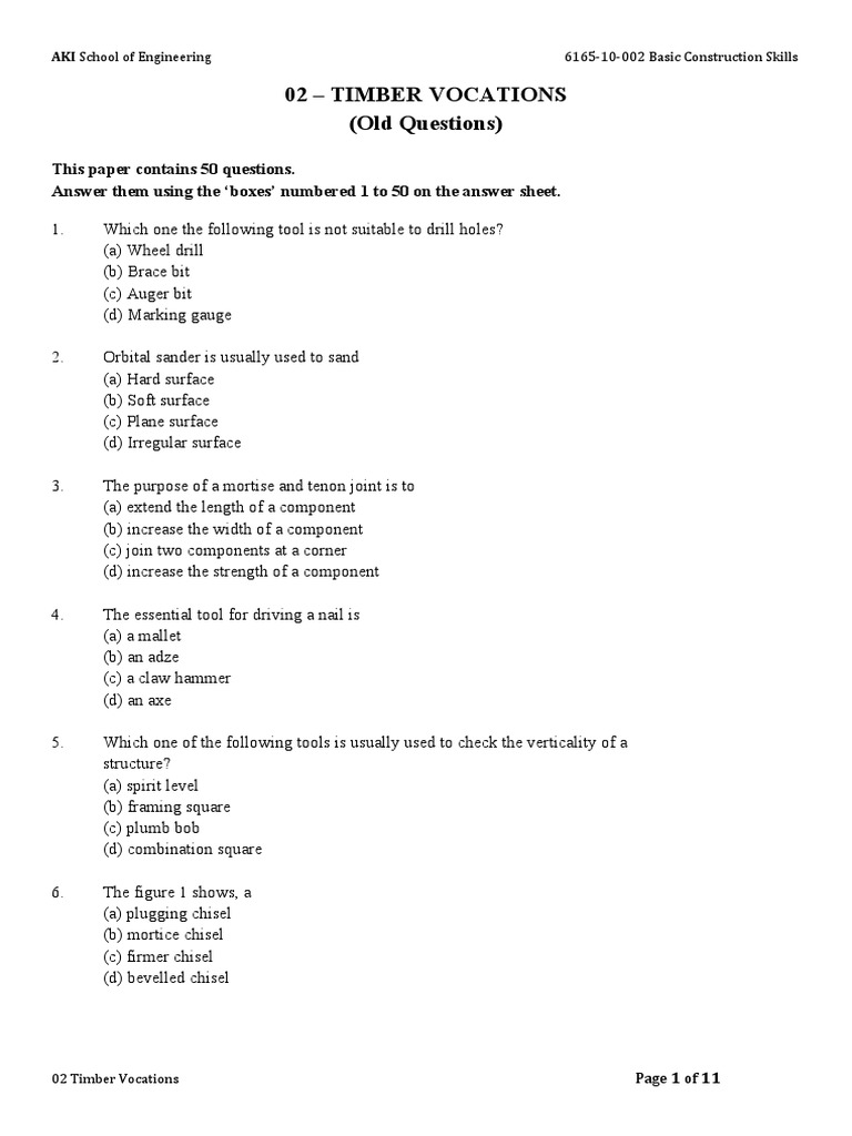 Timber Vocations Quiz Questions | PDF | Drill | Screw