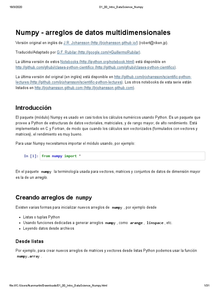 01 00 Intro DataScience Numpy | PDF | Estructura de datos de matriz ...