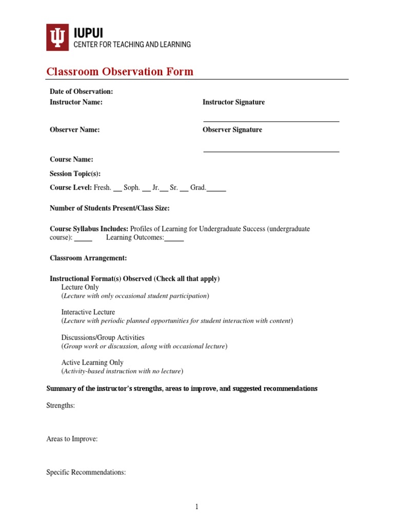 Classroom Observation Evaluation Form | PDF | Lecture | Learning