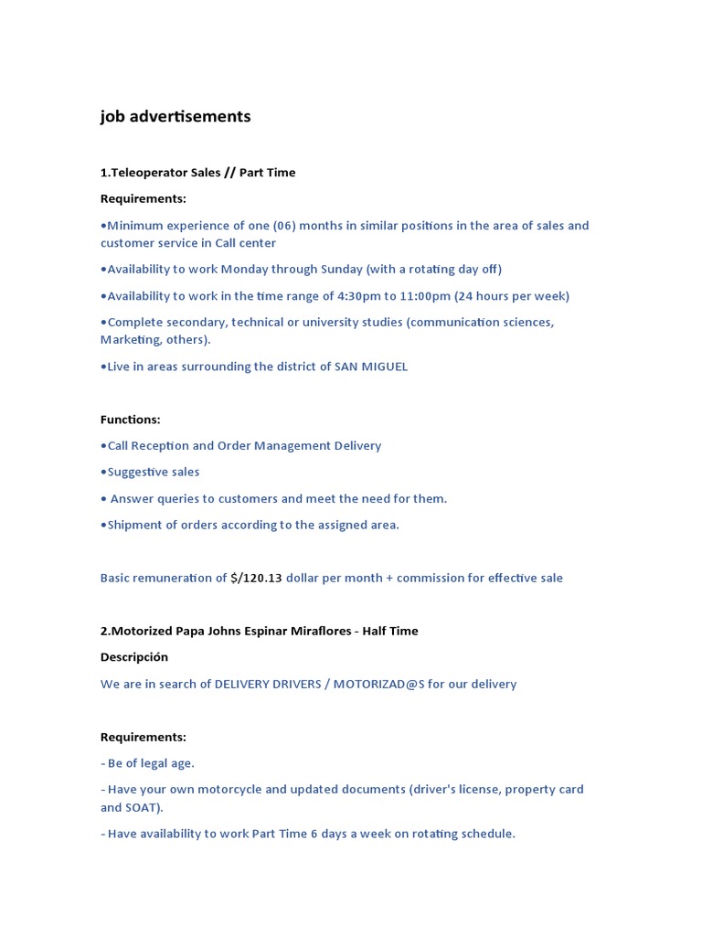 Job Advertisements: 1.teleoperator Sales // Part Time Requirements ...
