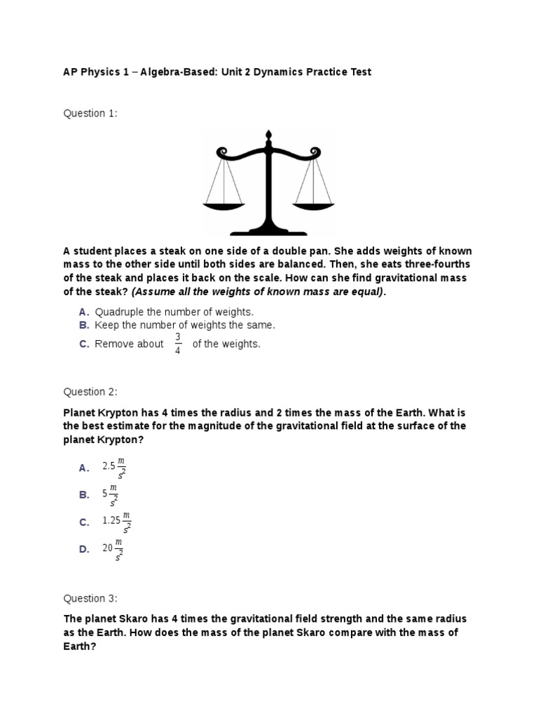 AP Physics 1 Algebra Based Unit 2 Dynamics PDF Weight Force