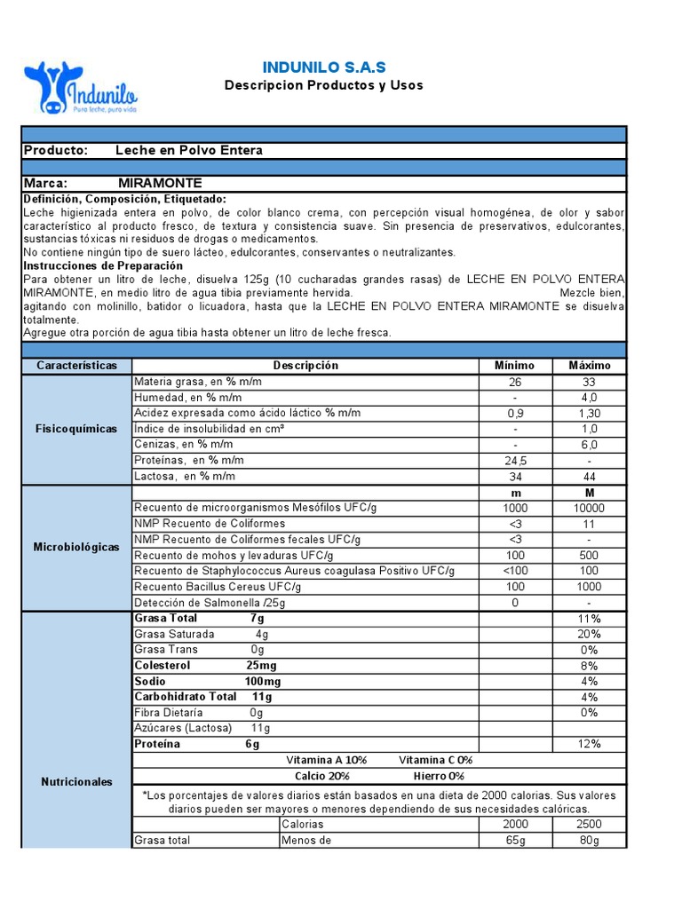 Ficha Tecnica Leche en Polvo Entera Miramonte PDF Etiqueta de