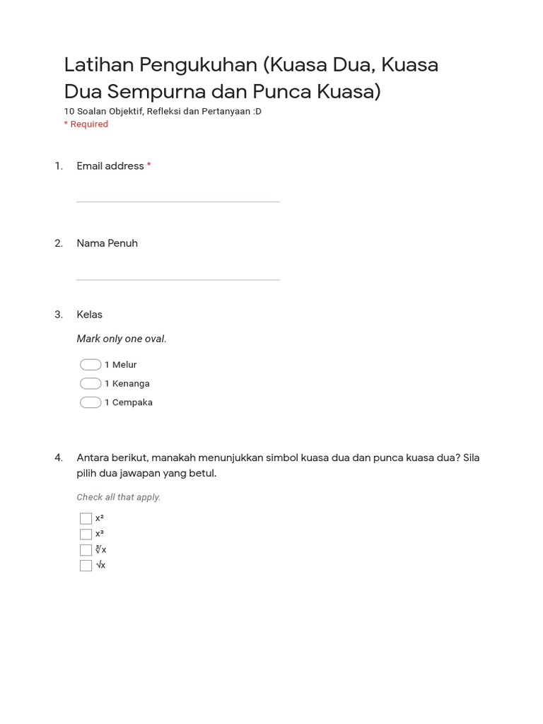 Lembaran Kerja Google Form Kuasa Dua Dan Punca Kuasa Dua | PDF