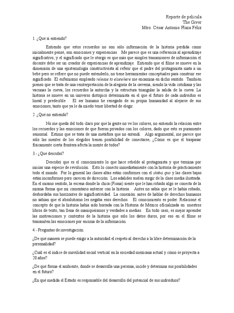 Reporte El Dador de Recuerdos PDF Las emociones Conocimiento