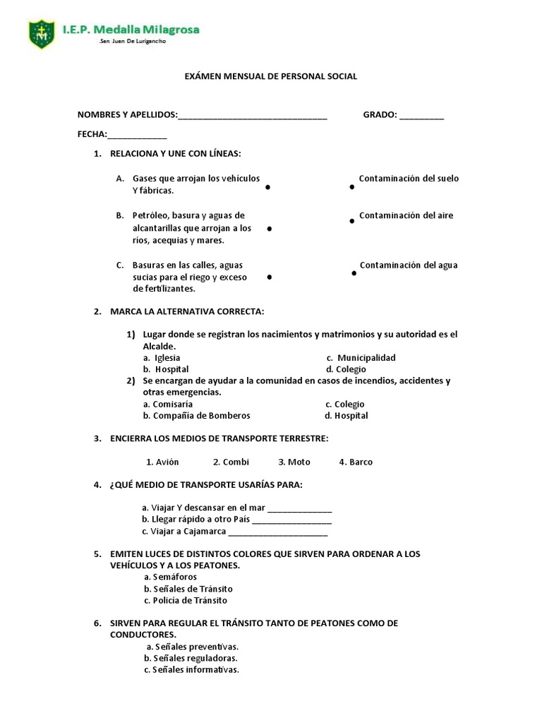 Examen Mensual de Personal Social 2° Grado | PDF | Derecho