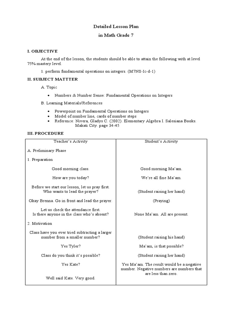 Detailed Lesson Plan in Math Grade 7: I. Objective | PDF ...