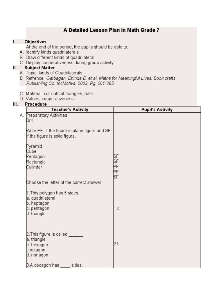 A Detailed Lesson Plan in Math v-50957225 | PDF | Rectangle | Geometric ...