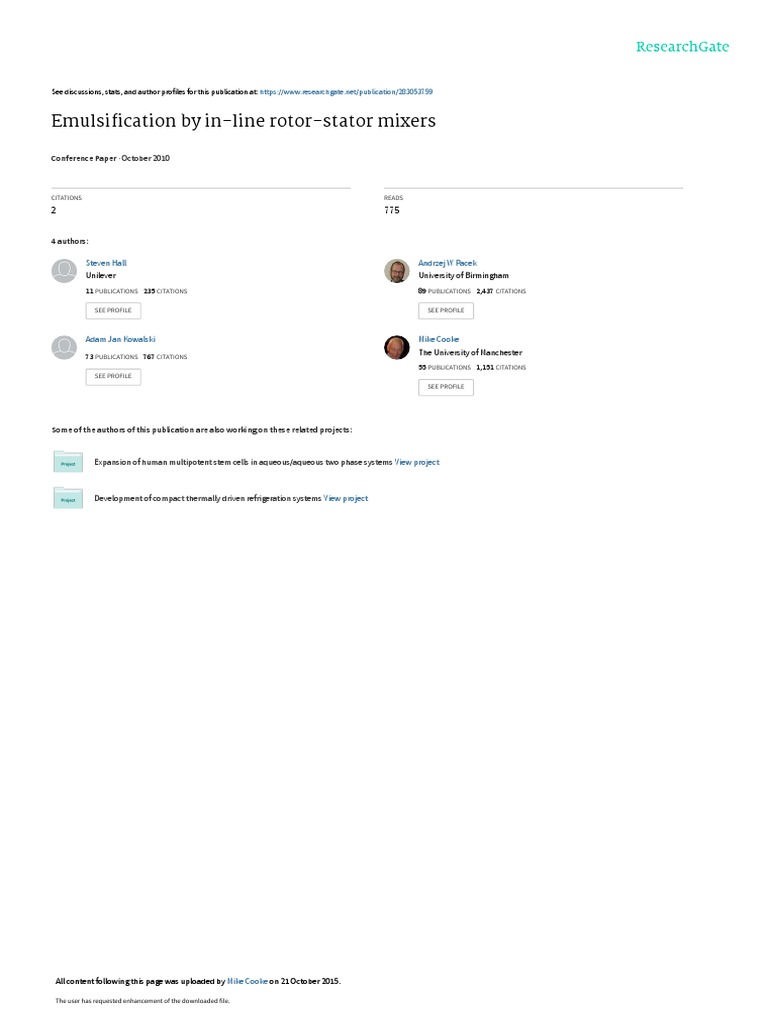 Emulsification by In-Line Rotor-Stator Mixers | PDF | Emulsion | Soft ...