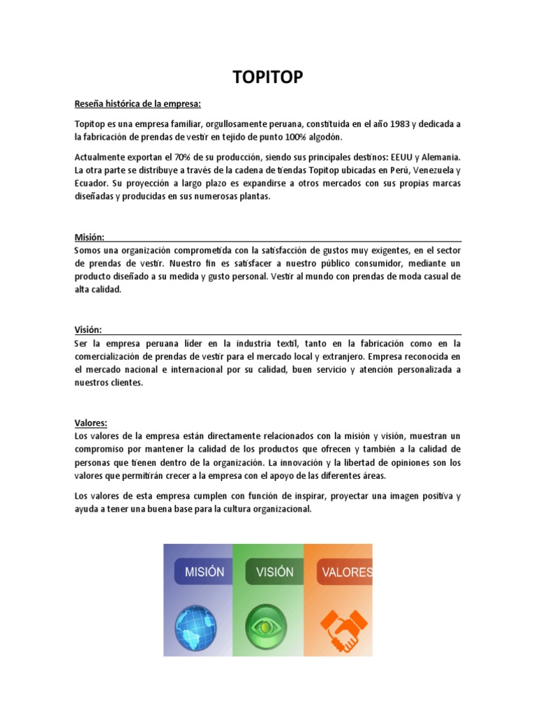 Misión y visión de Topitop Perú | PDF | Empresas | Calidad (comercial)