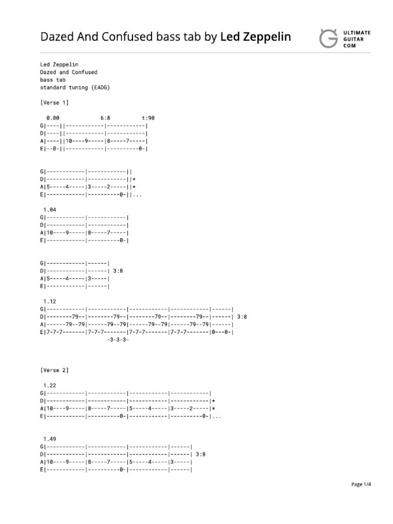 Dazed And Confused Bass Tab