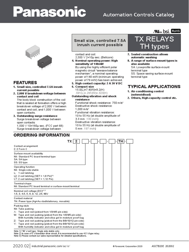 TX Relays TH Types: Typical Applications Features | PDF | Relay | Humidity