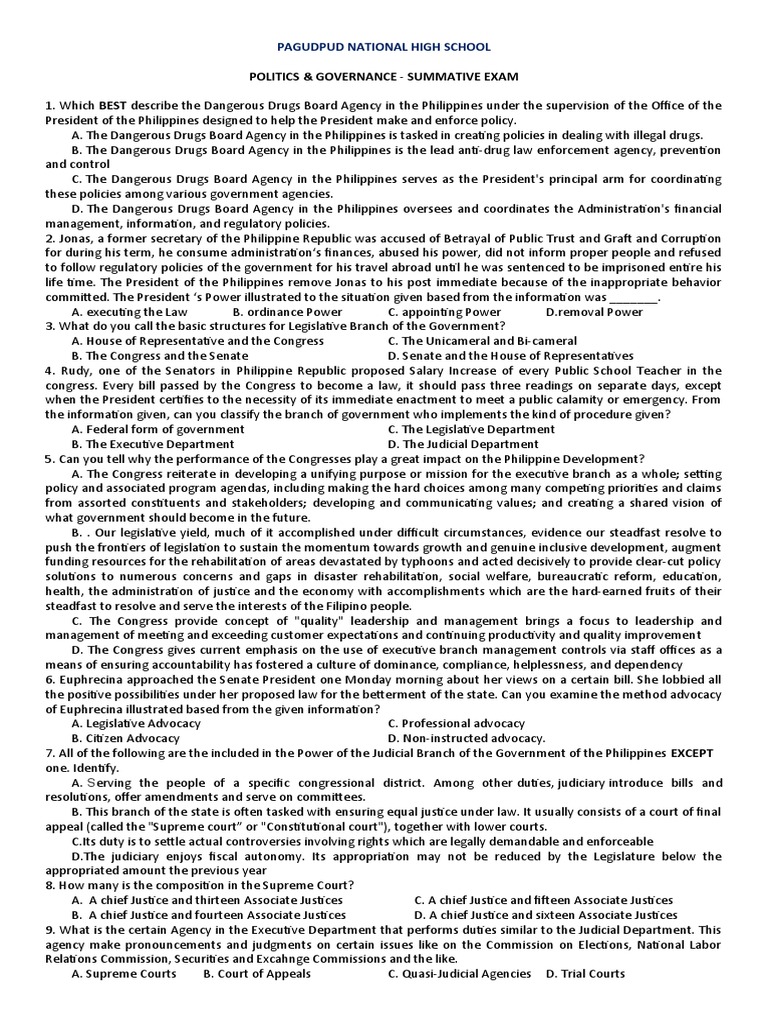 Philippine Politics & Governance Exam Guide | PDF | Power (Social And ...