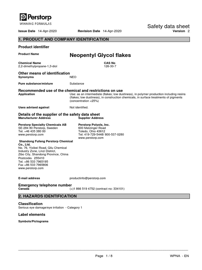 Neopentyl Glycol Flakes Safety Data Sheet PDF Toxicity Personal