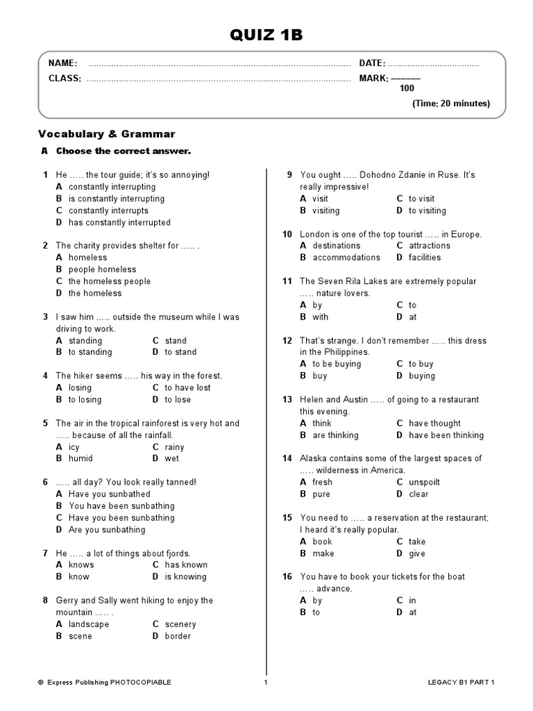 02 Legacy B1 - P1 Quiz 1B | PDF