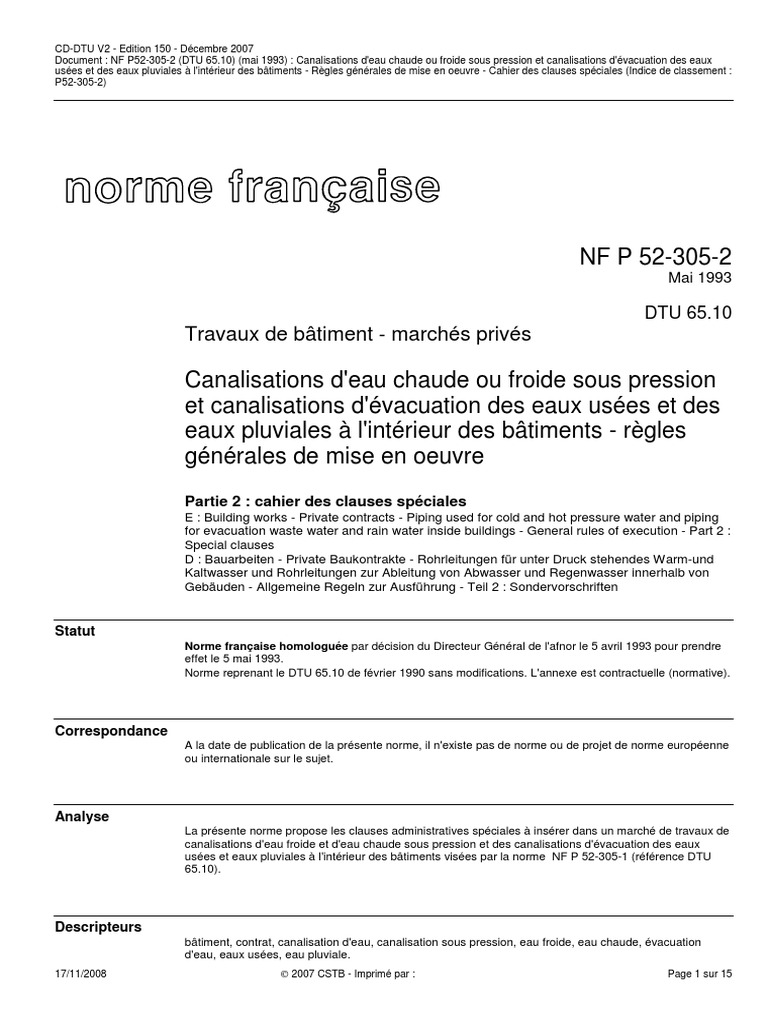 DTU 65.10 : Canalisations Bâtiment | PDF | Code de la construction et ...