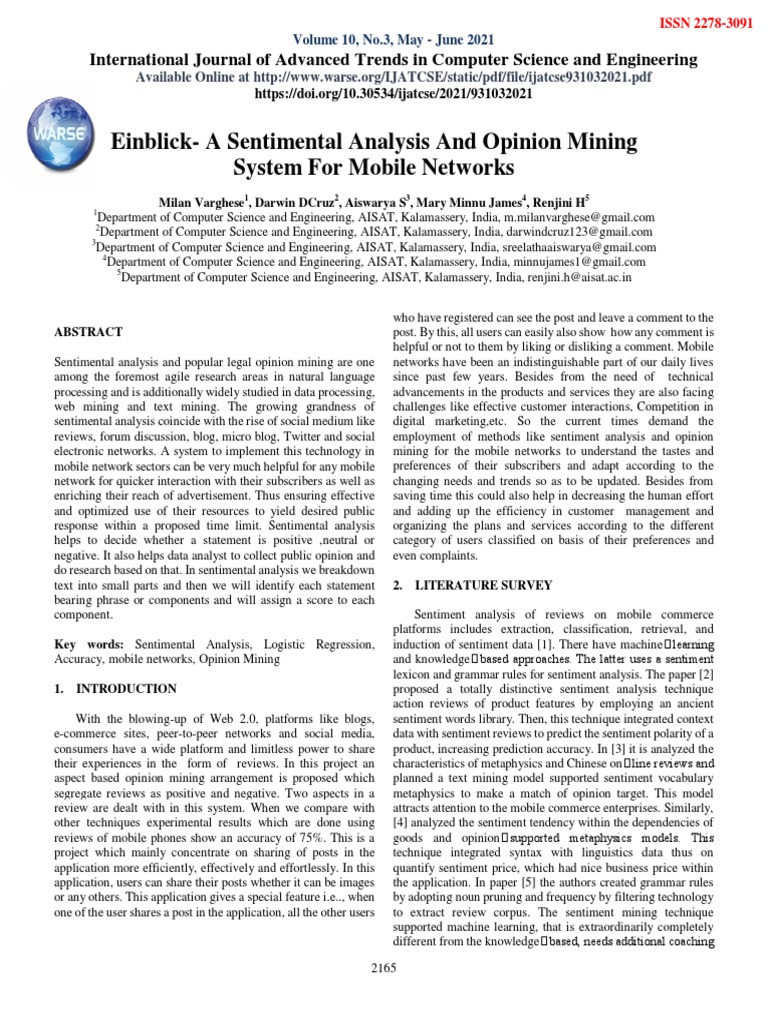 Einblick - A Sentimental Analysis and Opinion Mining System For Mobile ...
