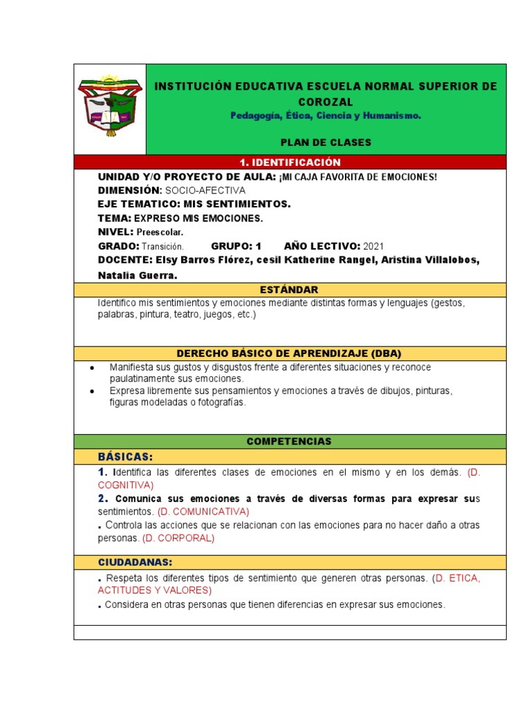 Plan de Clase | PDF | Las emociones | Educación de la primera infancia