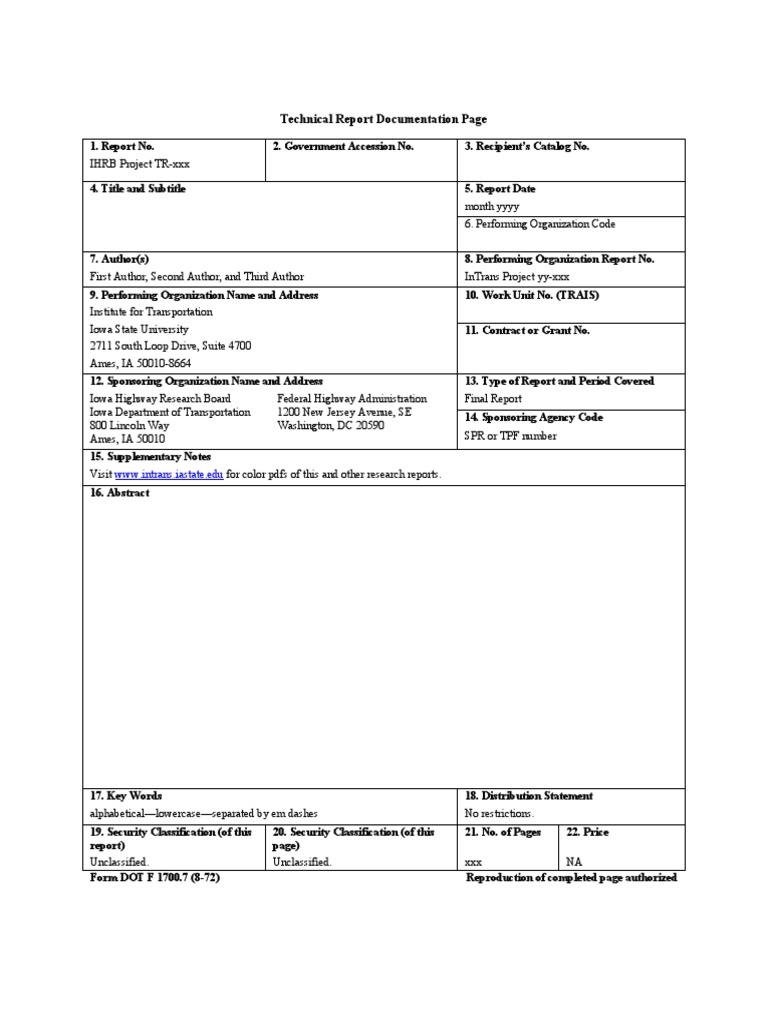 Technical Report Documentation Page: WWW - Intrans.iastate - Edu | PDF ...