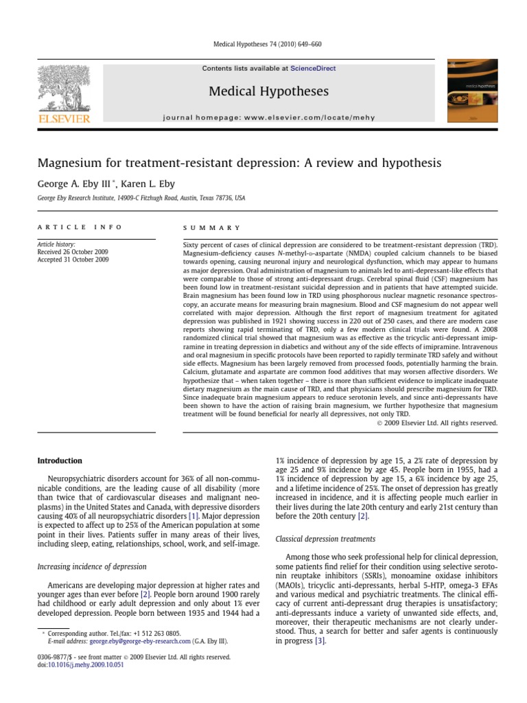 Magnesium For Treatment Resistant Depression A Review and Hypothesis