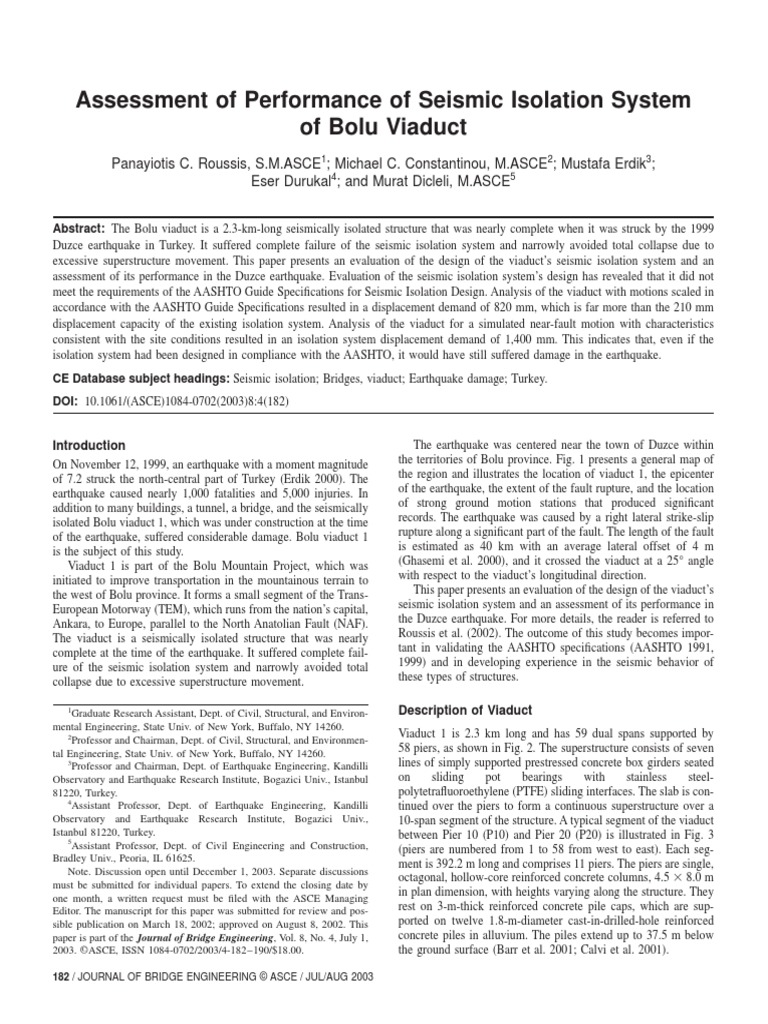 Assessment of Performance of Seismic Isolation System of Bolu Viaduct ...