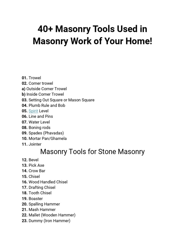 40+ Masonry Tools Used in Masonry Work of Your Home PDF