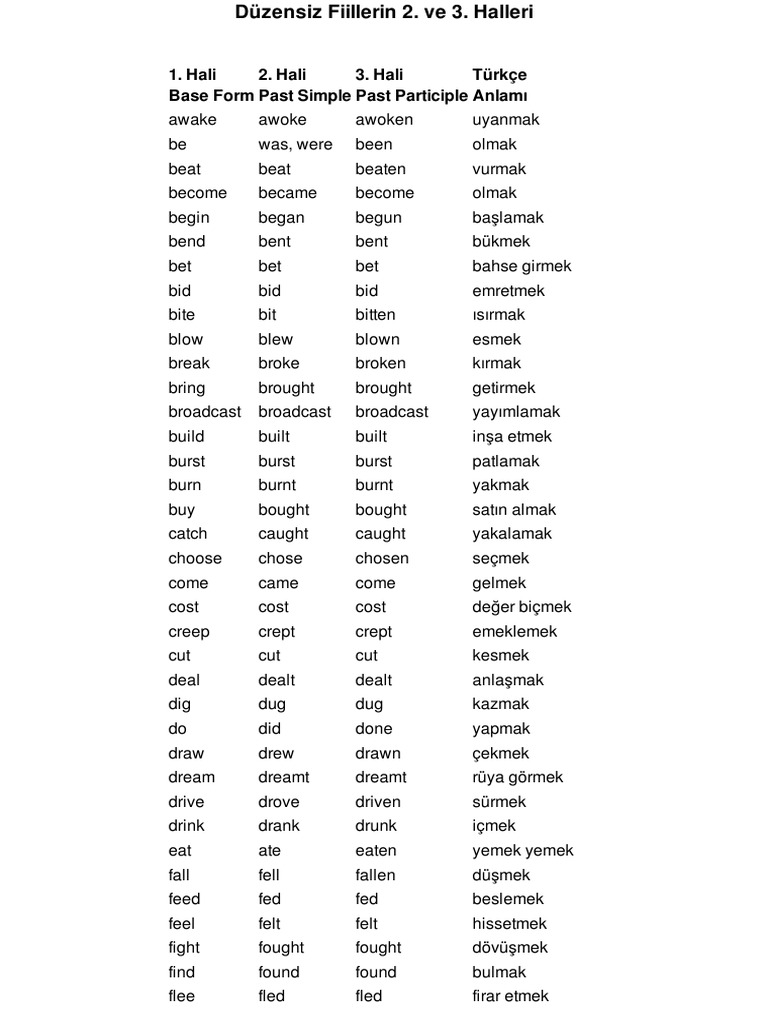 Hali Base Form 2. Hali Past Simple 3. Hali Past Participle Türkçe