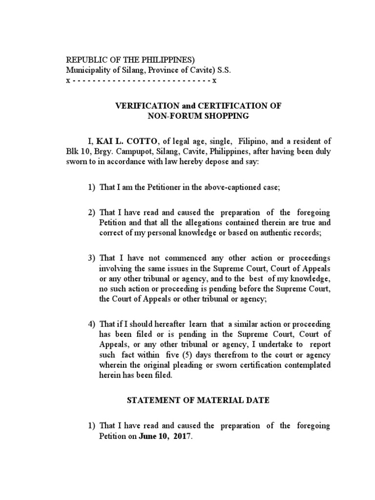 08 Combined Verification, Certification Against Forum Shopping and Statement of Material Dates
