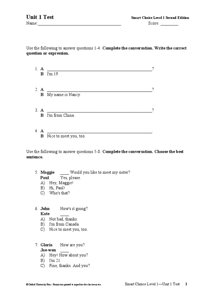 SC1 - 2ed - Test - U01 Test de Ingles Choice Smart | PDF | Classroom