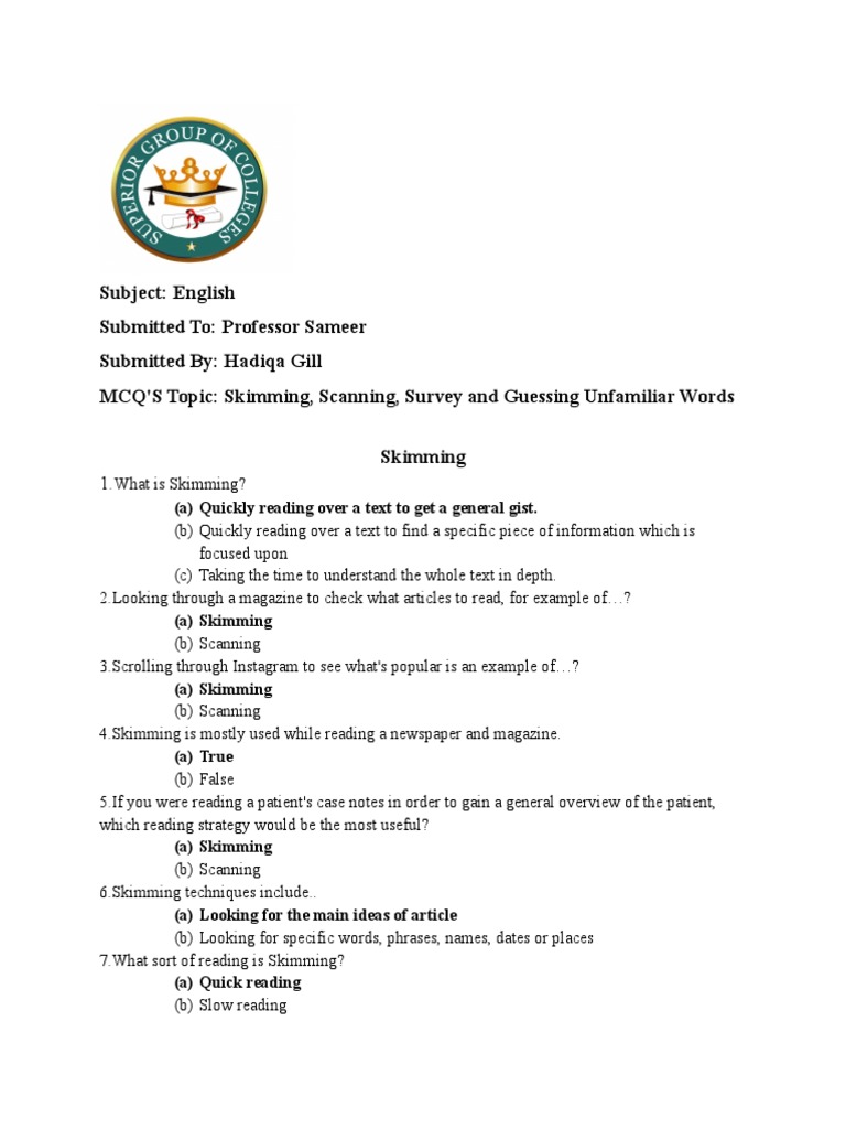 Skimming and Scanning Techniques Guide | PDF | Speed Reading | Question